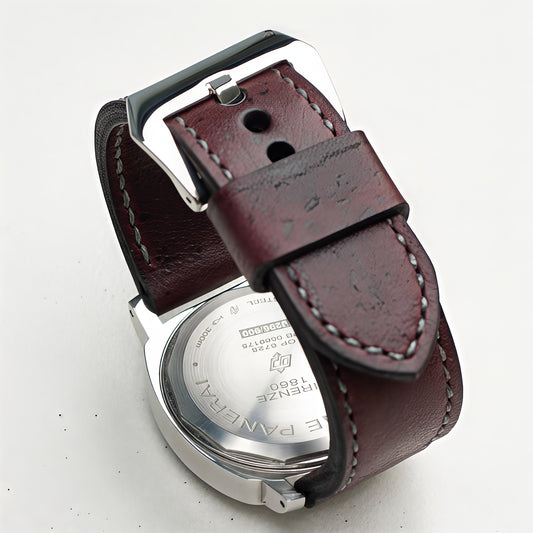 Merlot Kudu leather watch strap with grey stitching and polished steel buckle