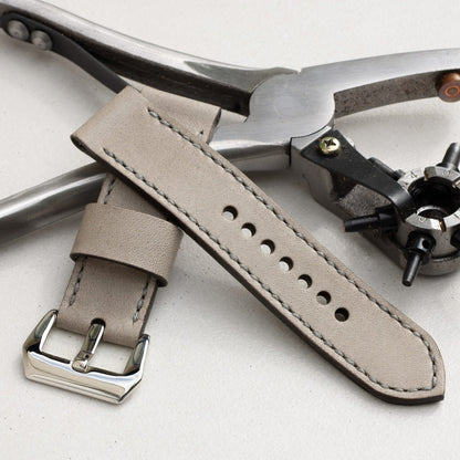 Military Grey leather watch strap with grey stitching and polished steel buckle