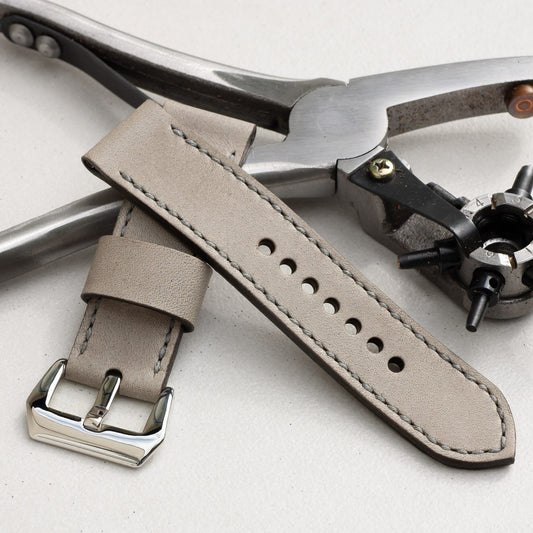 Military Grey leather watch strap with grey stitching and polished steel buckle