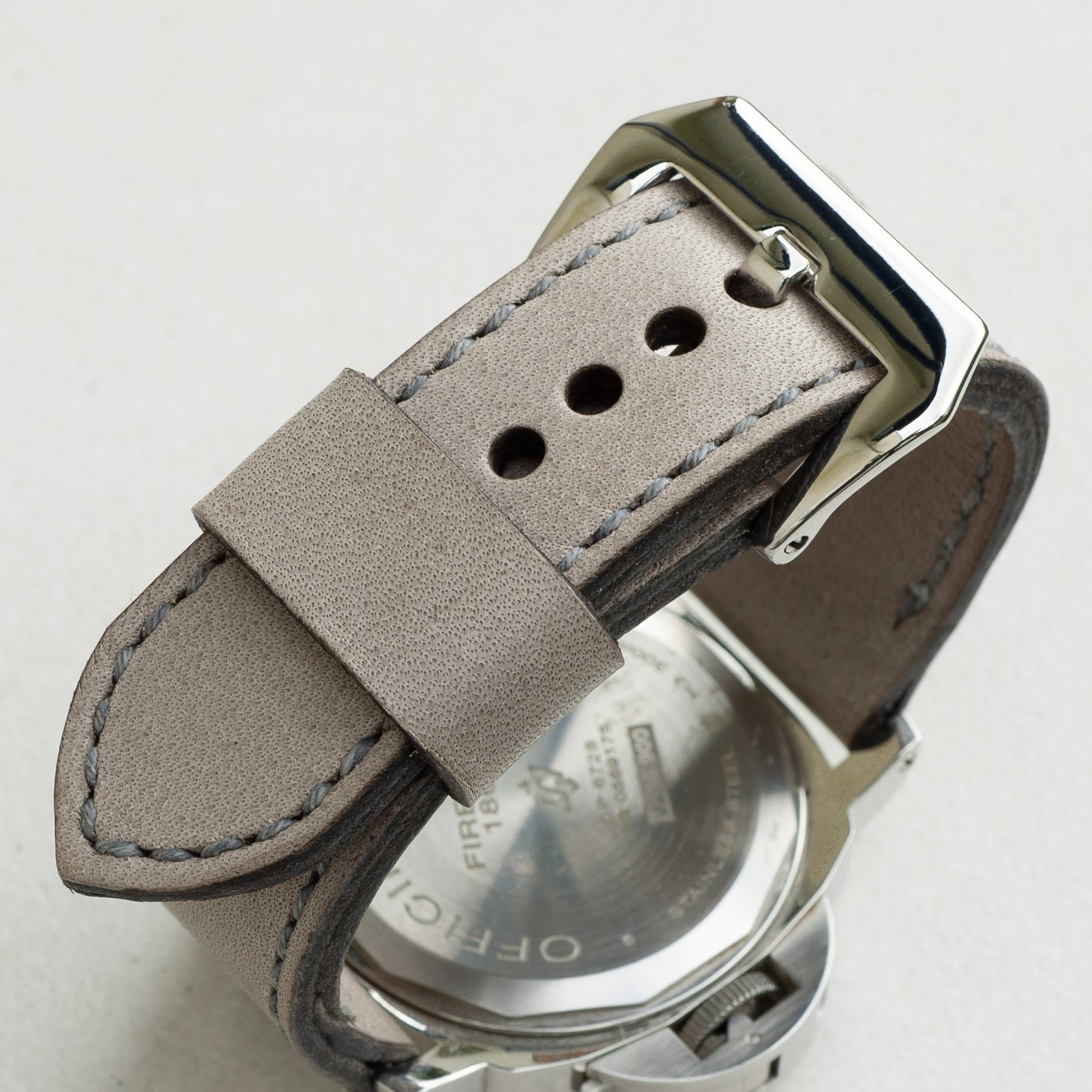 Military Grey leather watch strap with grey stitching and polished steel buckle