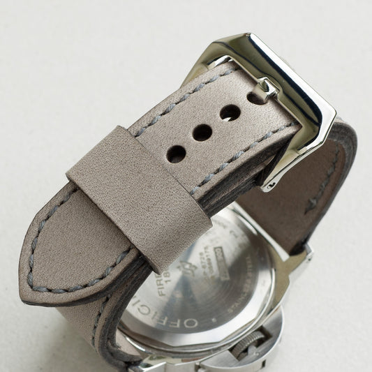 Military Grey leather watch strap with grey stitching and polished steel buckle