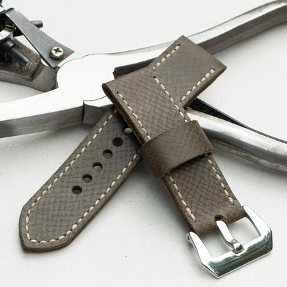 Moss Green leather watch strap with natural stitching and polished steel buckle