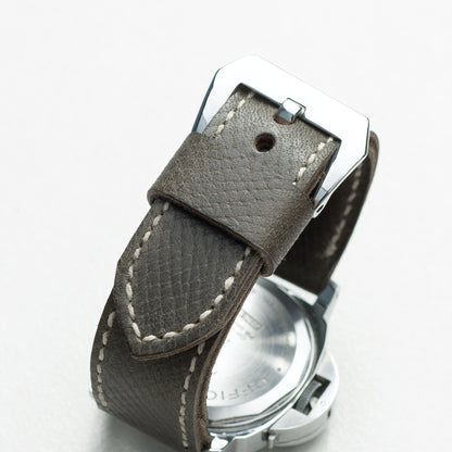 Moss Green leather watch strap with natural stitching and polished steel buckle