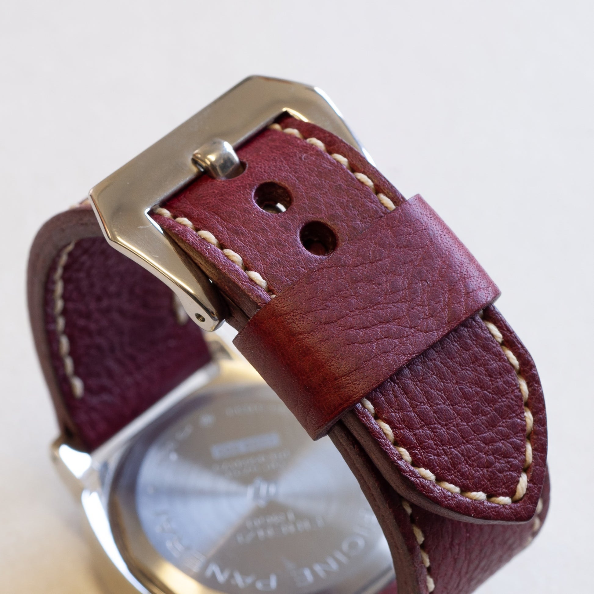 Mosto leather watch strap with natural stitching and polished steel buckle