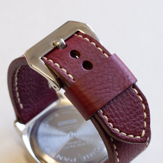 Mosto leather watch strap with natural stitching and polished steel buckle