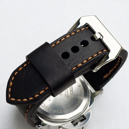 Nero leather watch strap with butterscotch stitching and polished steel buckle