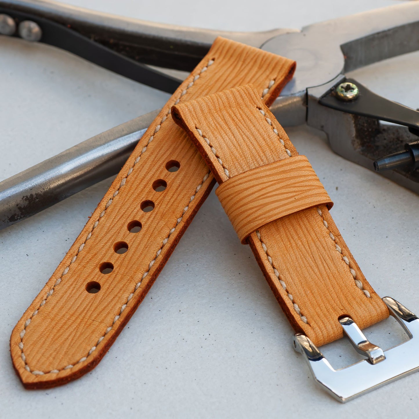Nirvana leather watch strap with natural stitching and polished steel buckle