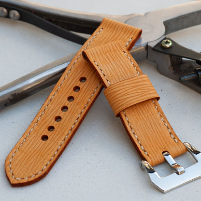 Nirvana leather watch strap with natural stitching and polished steel buckle