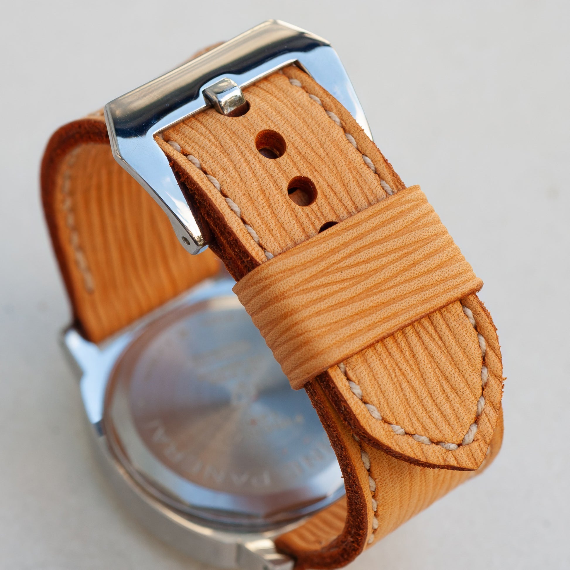 Nirvana leather watch strap with natural stitching and polished steel buckle
