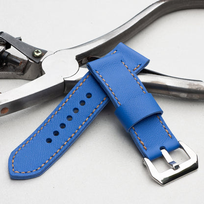 Parisian Blue leather watch strap with butterscotch stitching and polished steel buckle