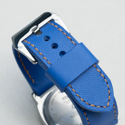 Parisian Blue leather watch strap with butterscotch stitching and polished steel buckle