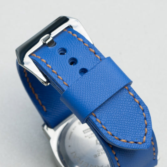 Parisian Blue leather watch strap with butterscotch stitching and polished steel buckle