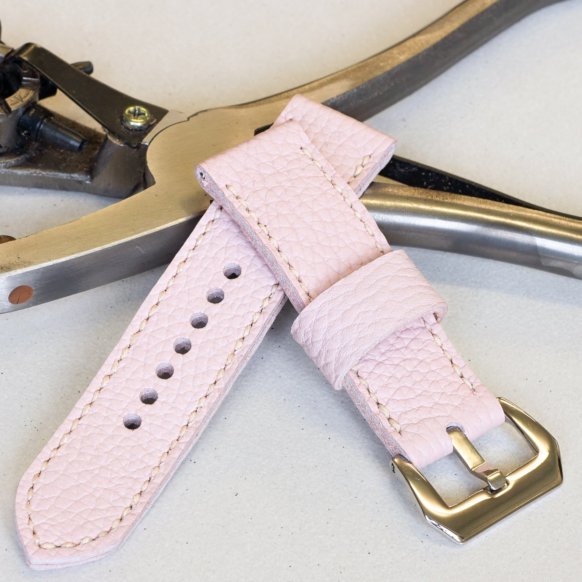Pastel leather watch strap with natural stitching and polished steel buckle 