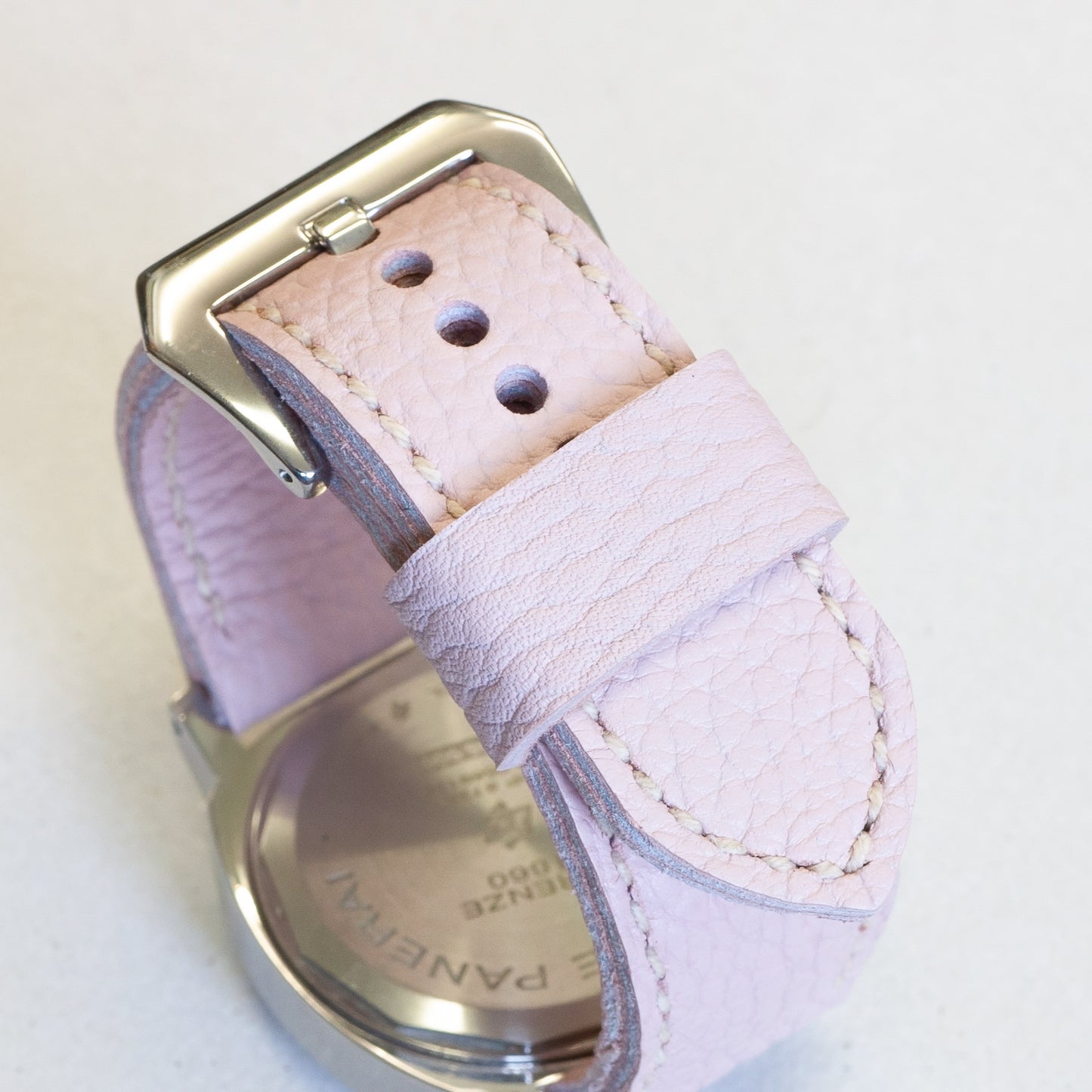 Pastel leather watch strap with natural stitching and polished steel buckle 