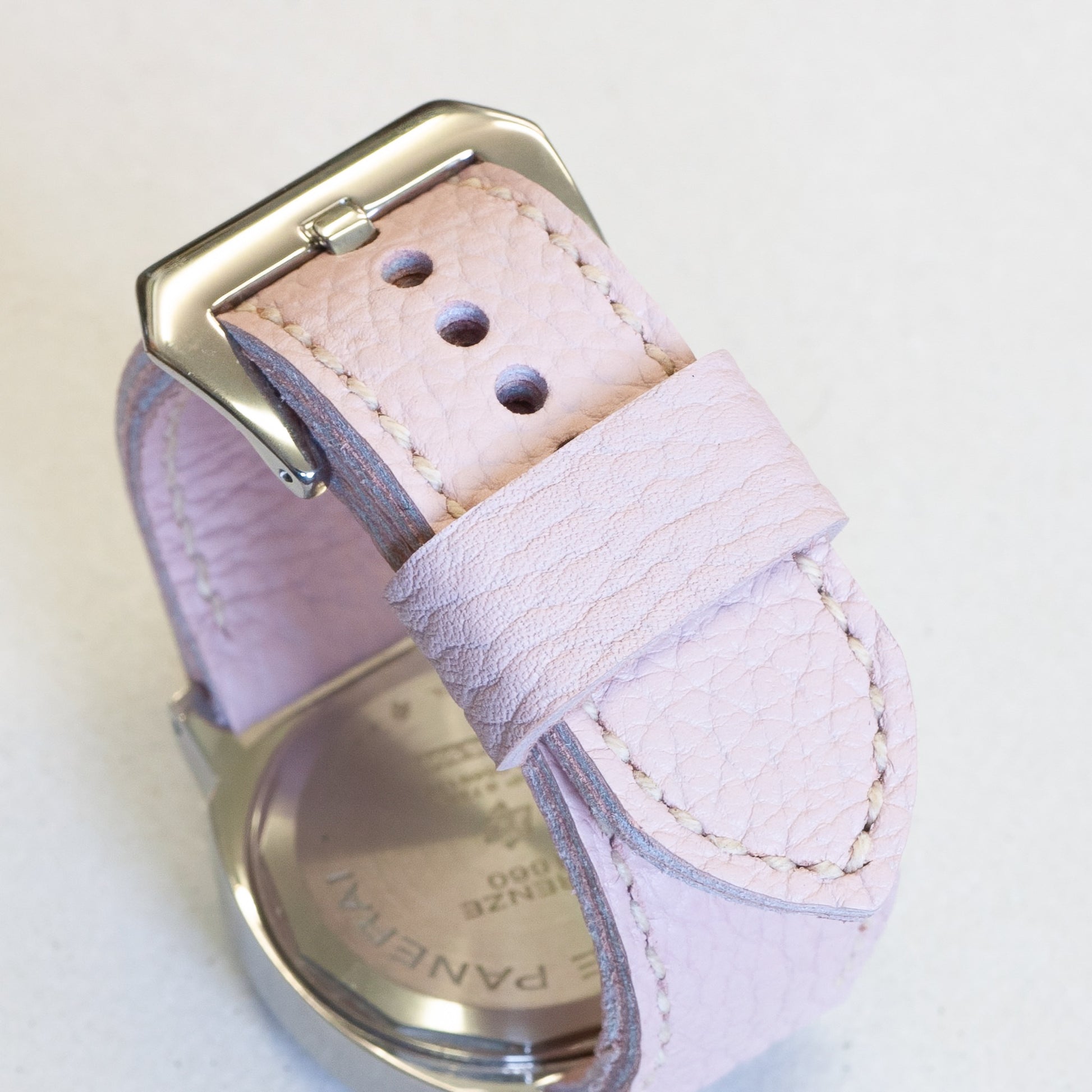 Pastel leather watch strap with natural stitching and polished steel buckle 