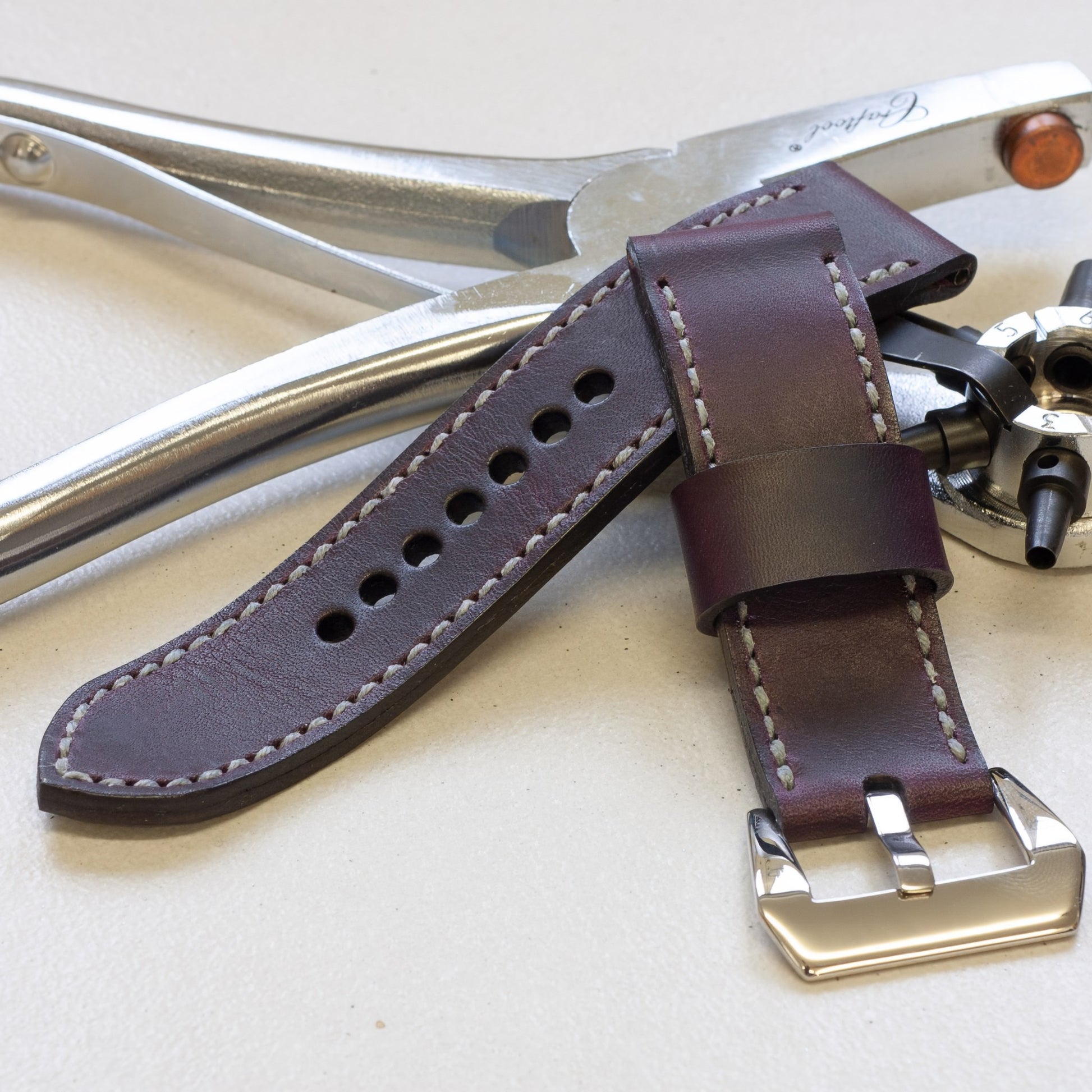 Prugna leather watch strap with grey stitching and polished steel buckle