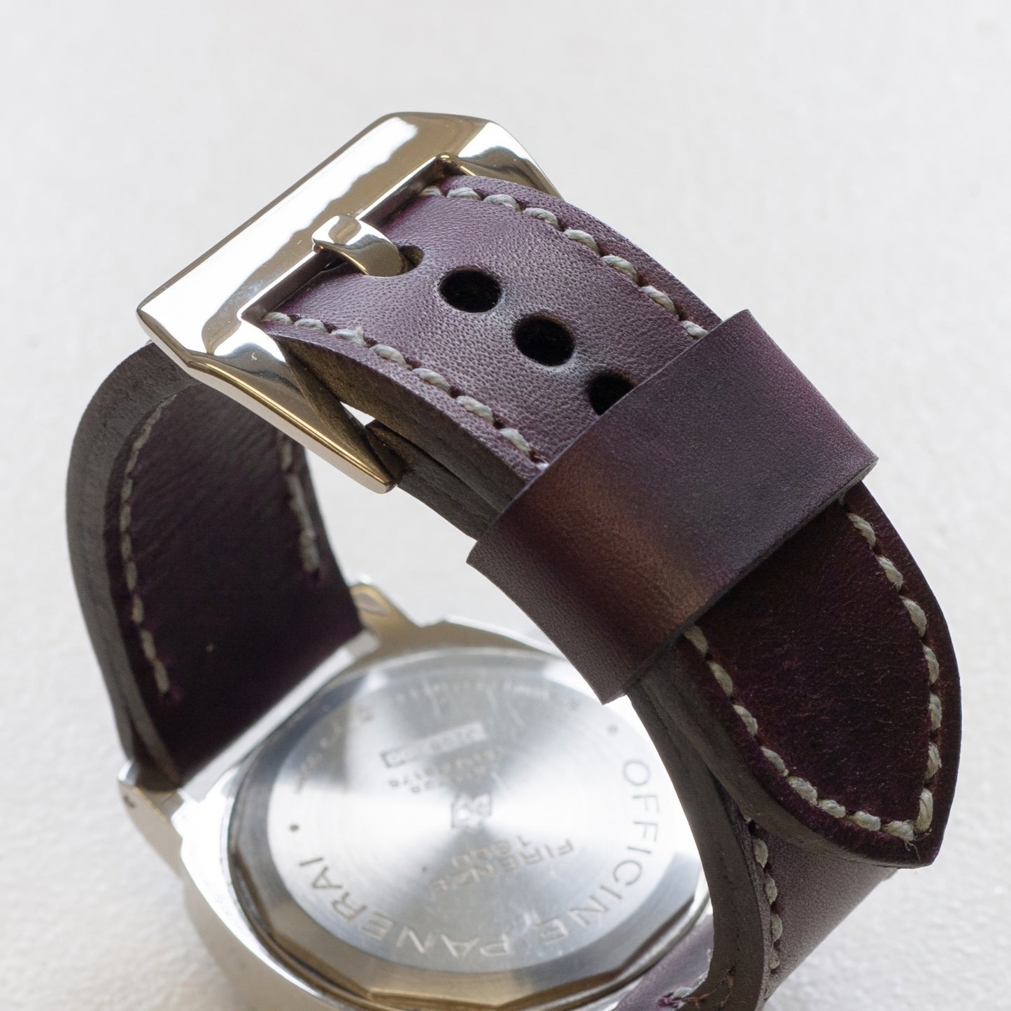 Prugna leather watch strap with grey stitching and polished steel buckle