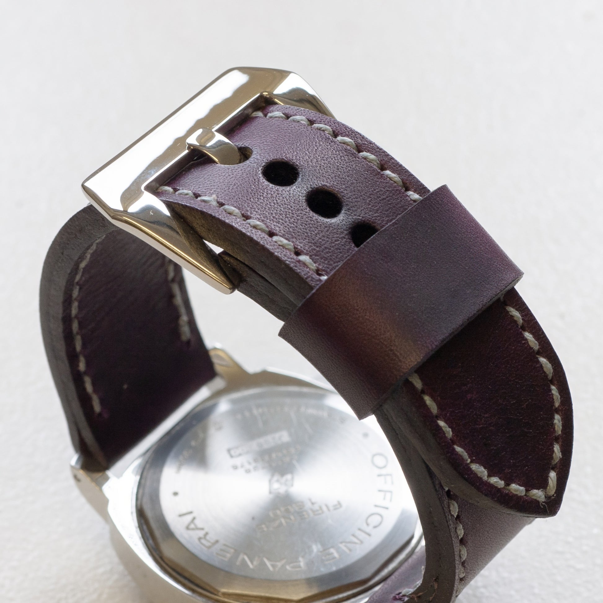 Prugna leather watch strap with grey stitching and polished steel buckle