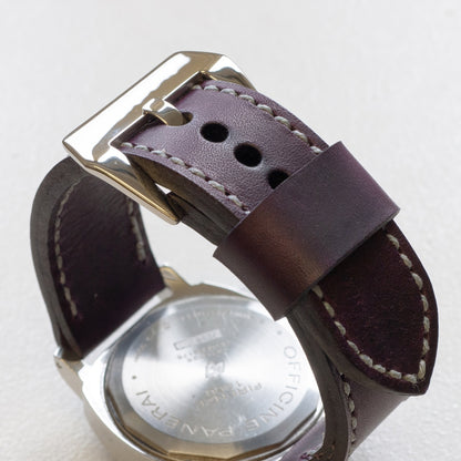 Prugna leather watch strap with grey stitching and polished steel buckle