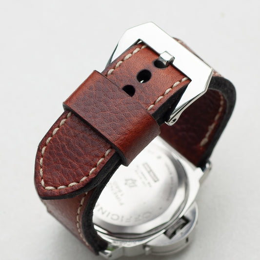 Redwood leather watch strap with natural stitching and polished steel buckle 