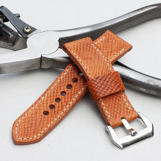 Russian Tan leather watch strap with natural stitching and polished steel buckle
