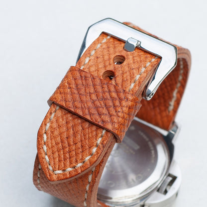 Russian Tan leather watch strap with natural stitching and polished steel buckle
