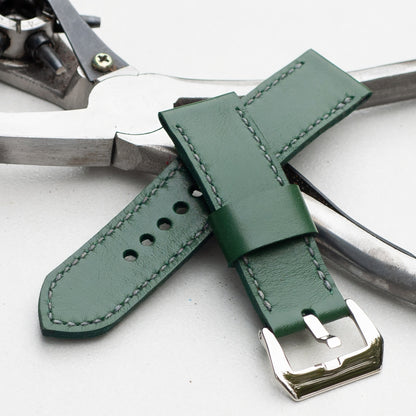 Sage leather watch strap with grey stitching and polished steel buckle