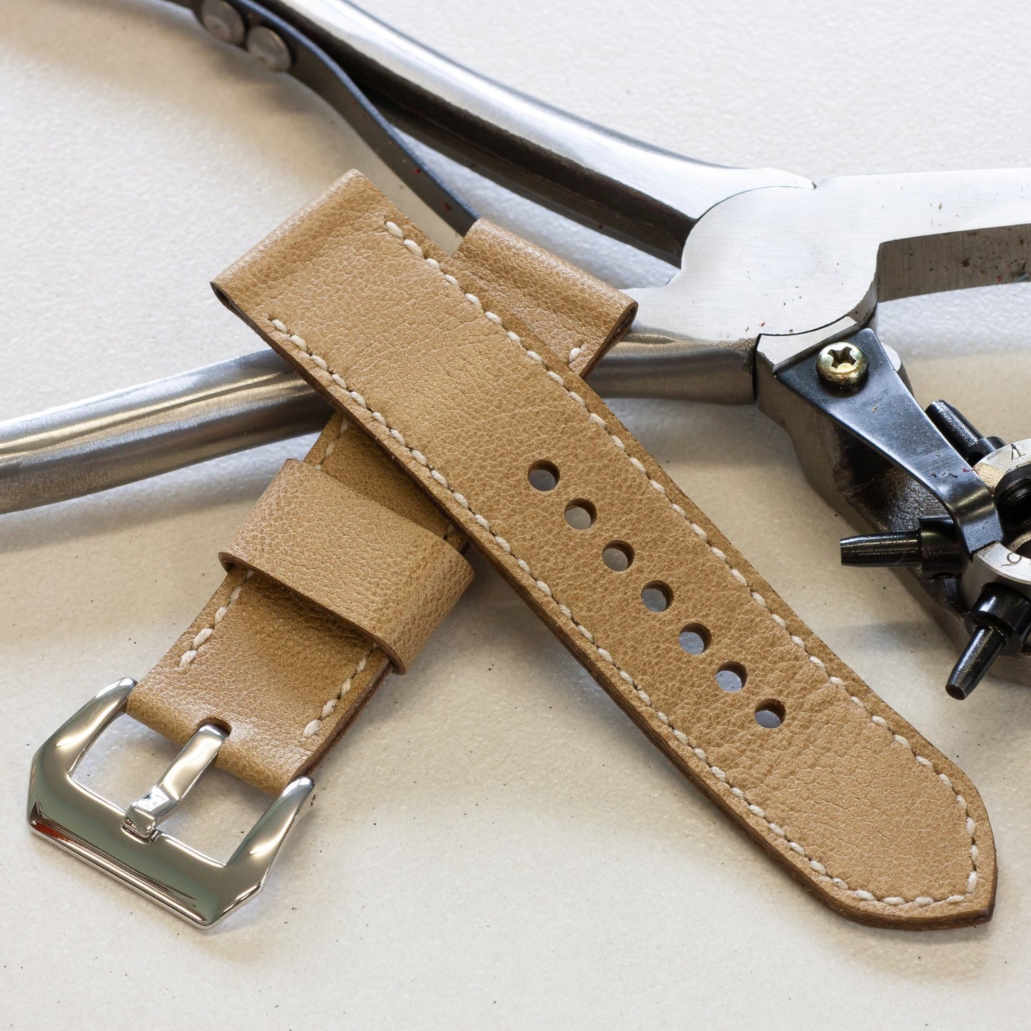 Sahara leather watch strap with natural stitching and polished steel buckle