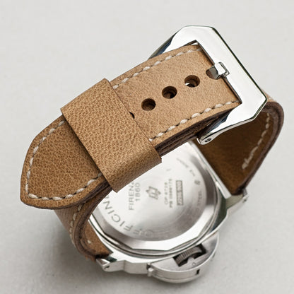Sahara leather watch strap with natural stitching and polished steel buckle