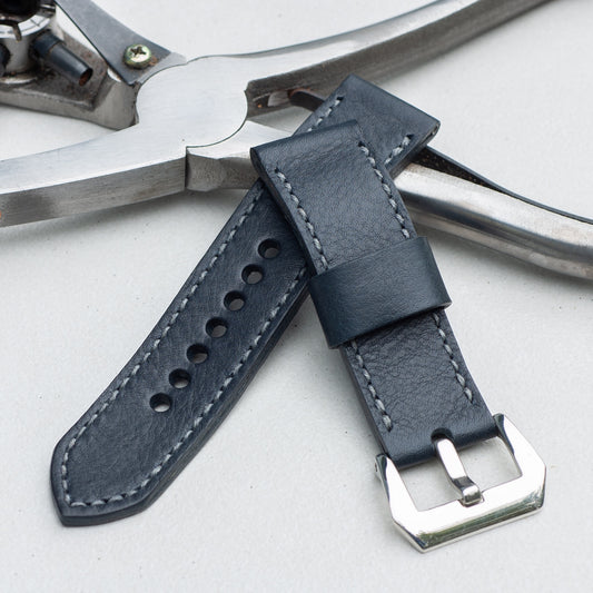 Sapphire leather watch strap with grey stitching and polished steel buckle