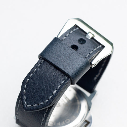 Sapphire leather watch strap with grey stitching and polished steel buckle