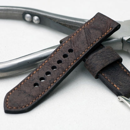 Shaman leather watch strap with butterscotch stitching and polished steel buckle