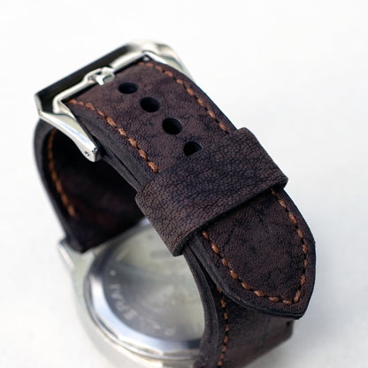 Shaman leather watch strap with butterscotch stitching and polished steel buckle