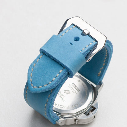 Sky Blue leather watch strap with white stitching and polished steel buckle