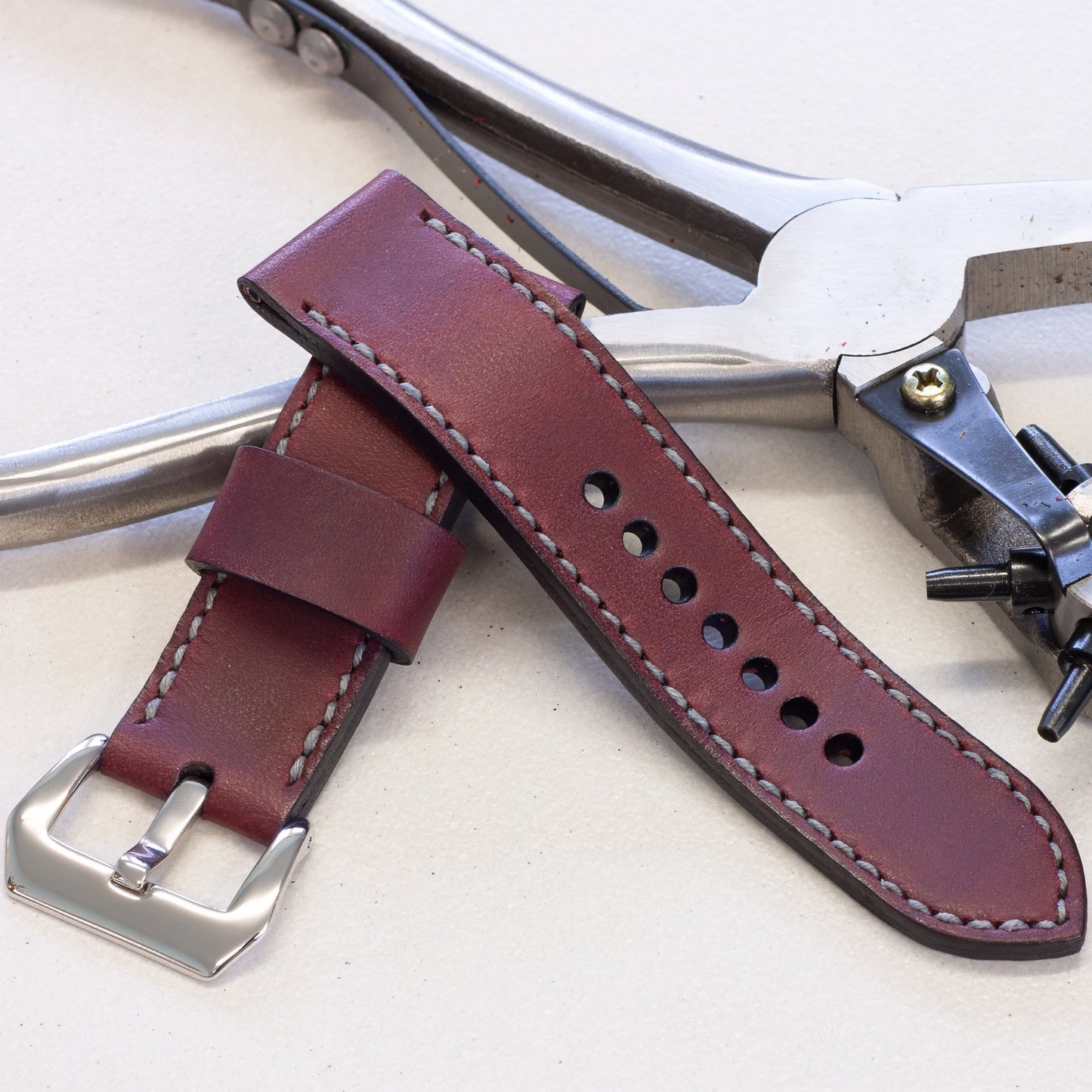 Tempest leather watch strap with grey stitching and polished steel buckle