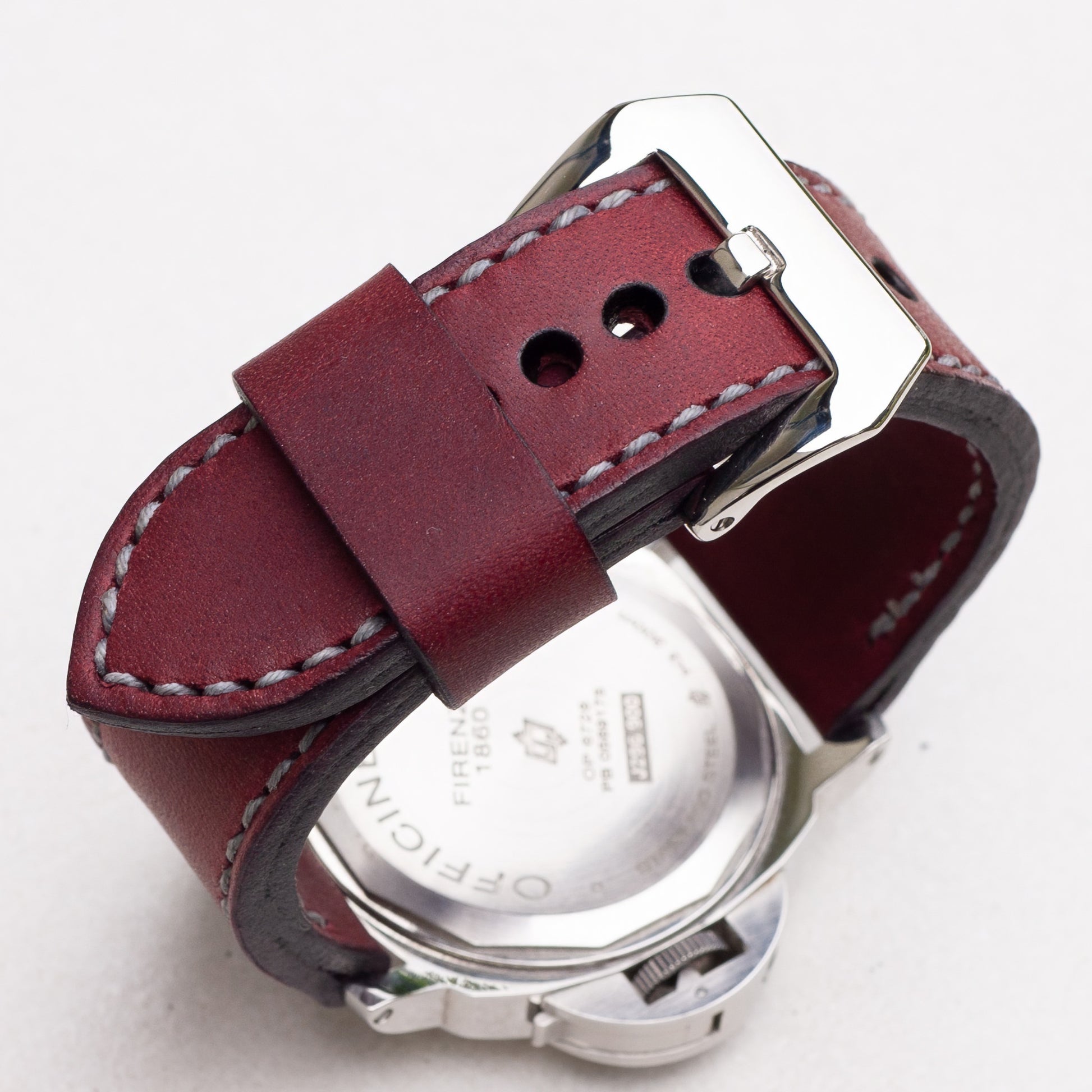 Tempest leather watch strap with grey stitching and polished steel buckle