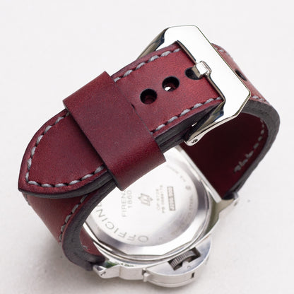 Tempest leather watch strap with grey stitching and polished steel buckle