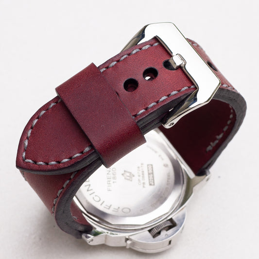 Tempest leather watch strap with grey stitching and polished steel buckle