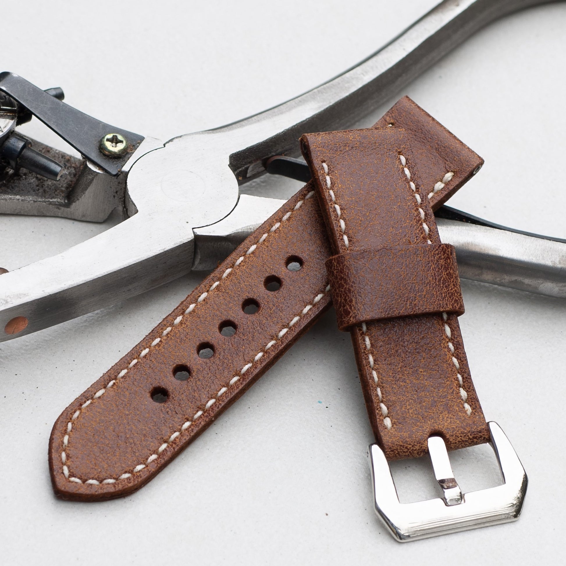 Tribe leather watch strap with white stitching and polished steel buckle