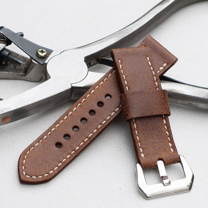 Tribe leather watch strap with white stitching and polished steel buckle