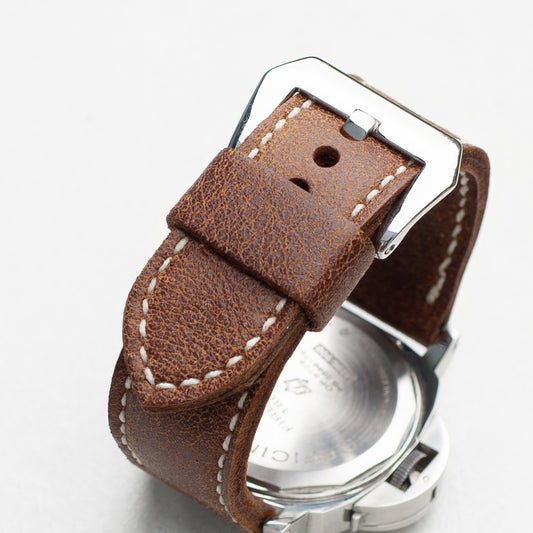 Tribe leather watch strap with white stitching and polished steel buckle