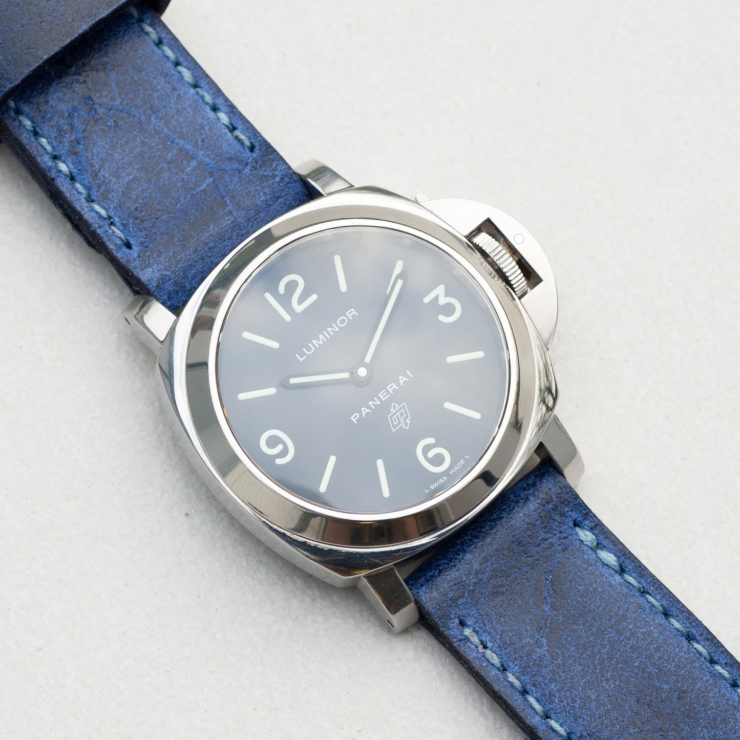 Panerai Luminor Zero on Trident leather strap with pale blue stitching
