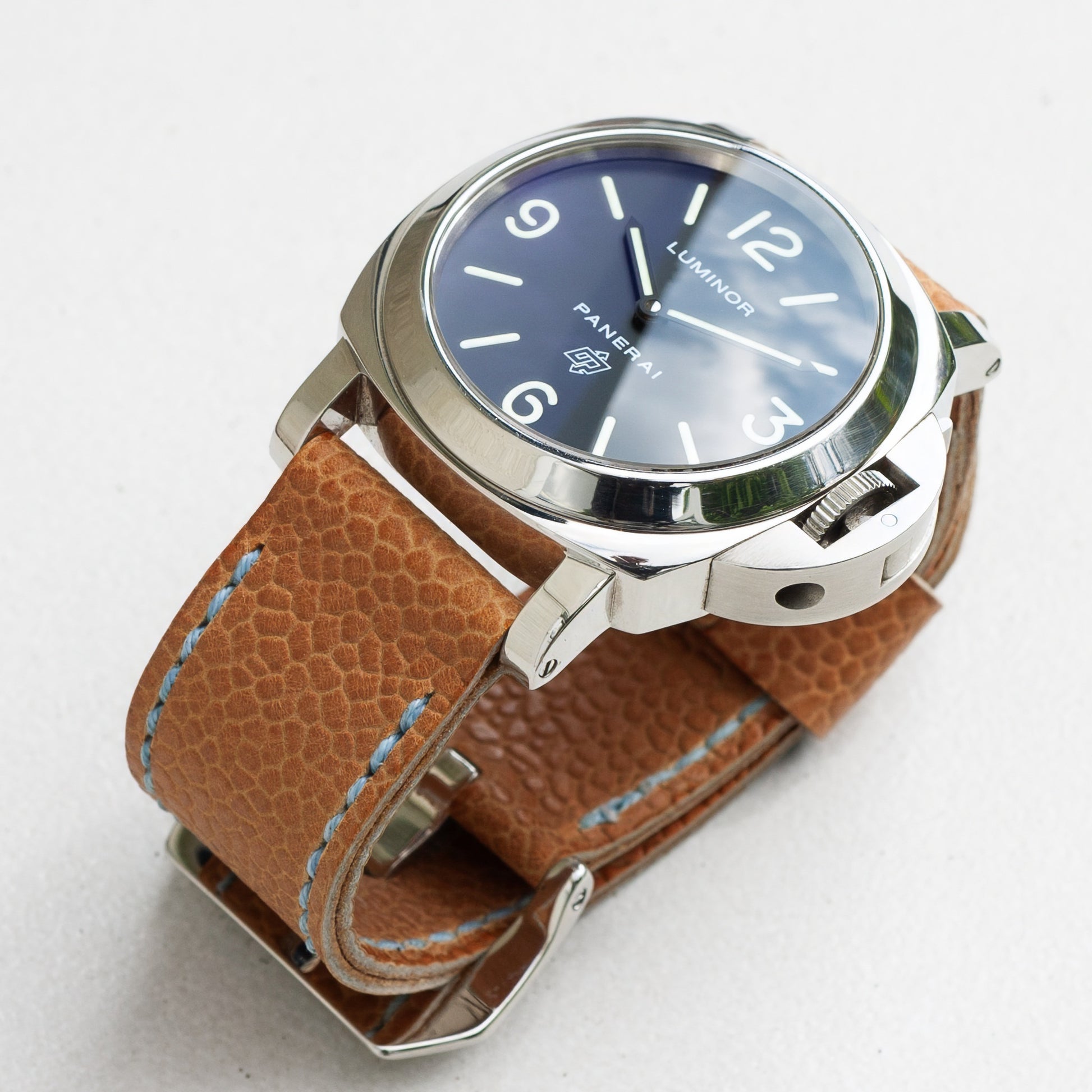 Panerai Luminor Zero on Tuscany leather strap with pale blue stitching
