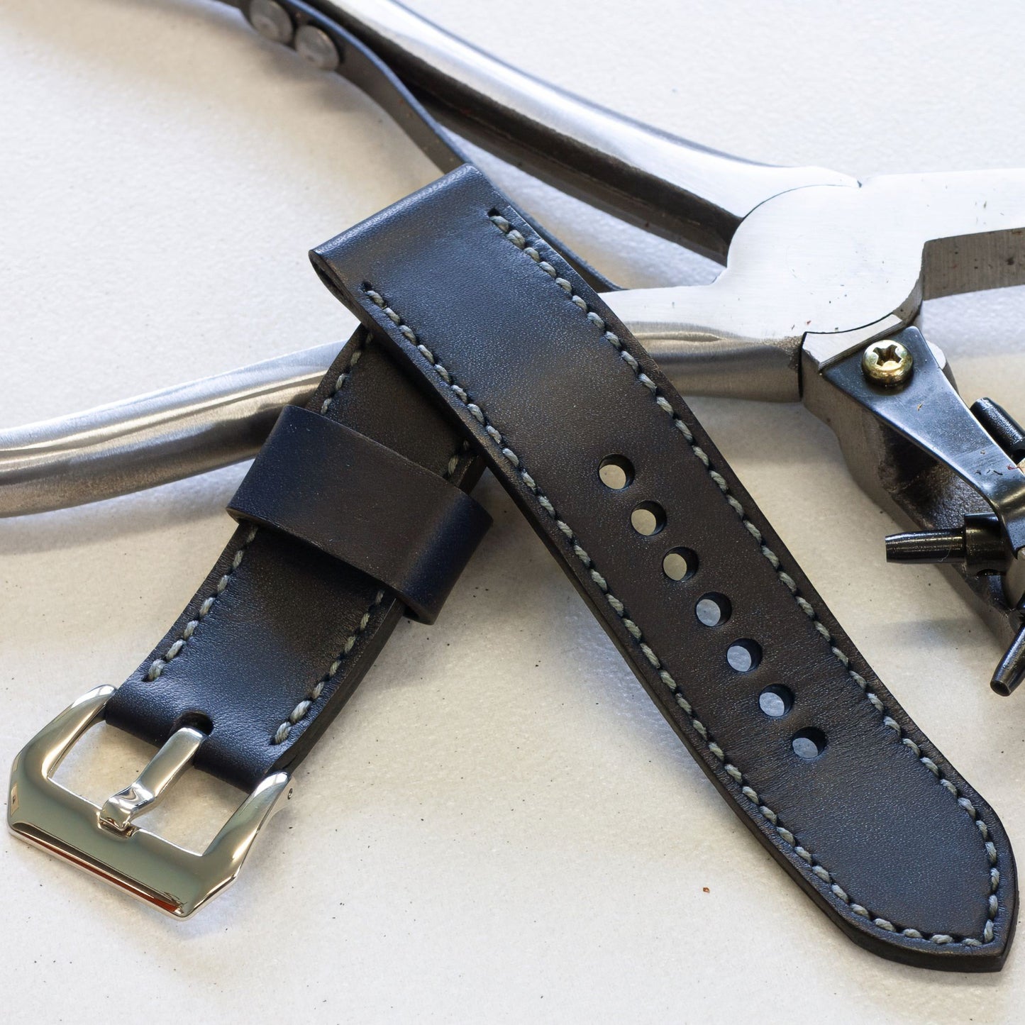Typhoon leather watch strap with grey stitching and polished steel buckle