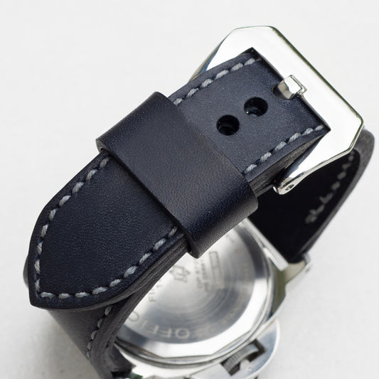 Typhoon leather watch strap with grey stitching and polished steel buckle