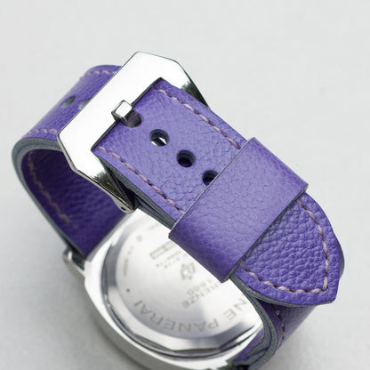 Ultraviolet leather watch strap with lavender stitching and polished steel buckle