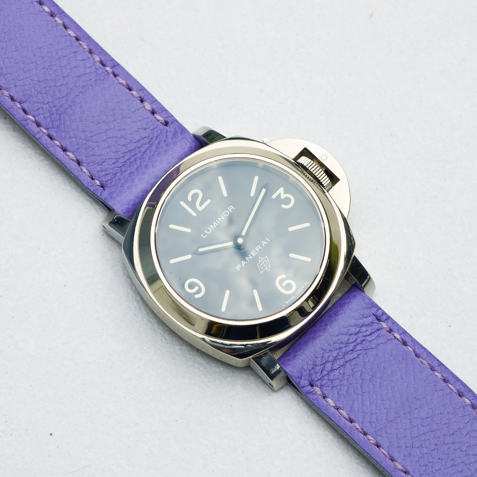 Panerai Luminor Zero on Ultraviolet leather strap with lavender stitching