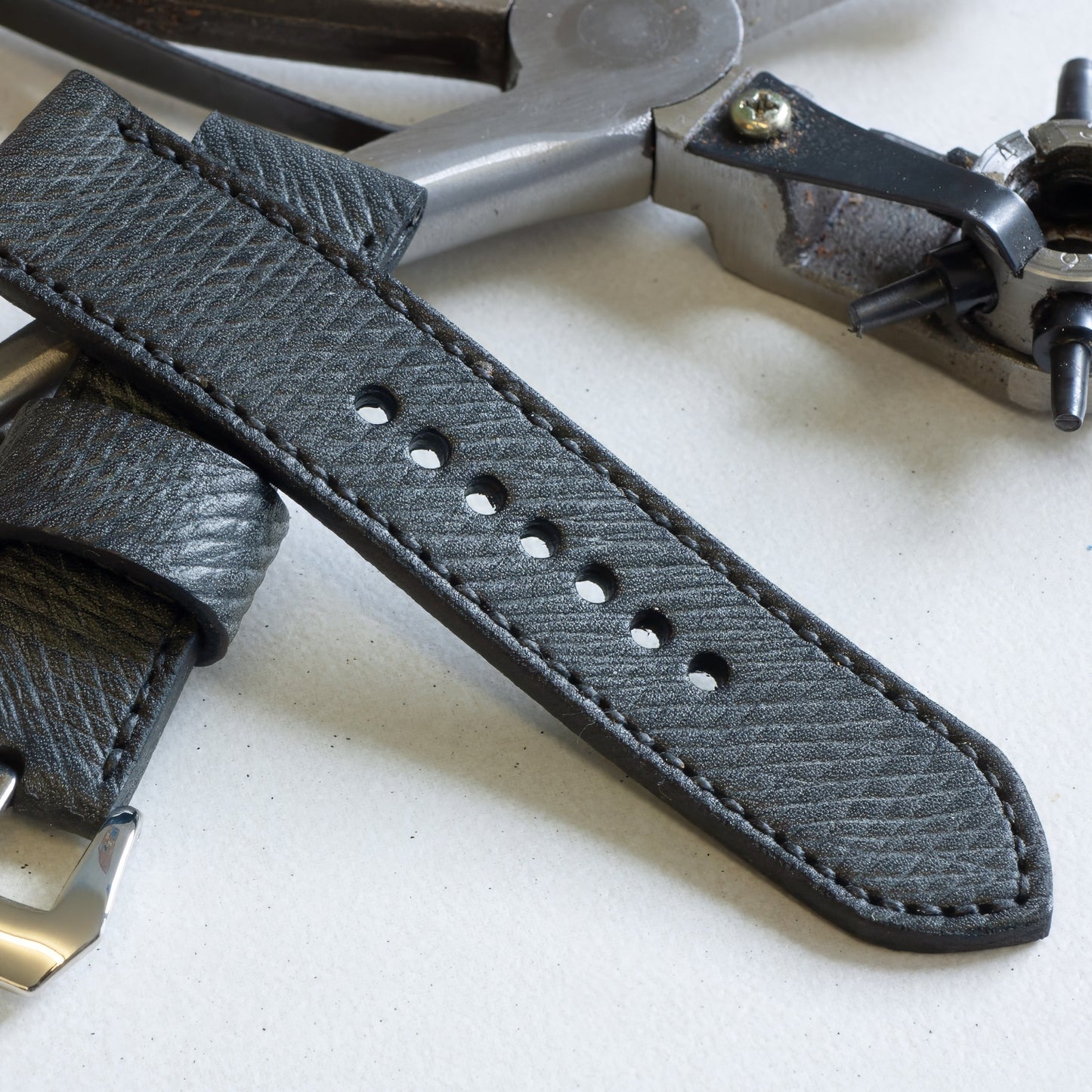 Vintage Black leather watch strap with black stitching and polished steel buckle