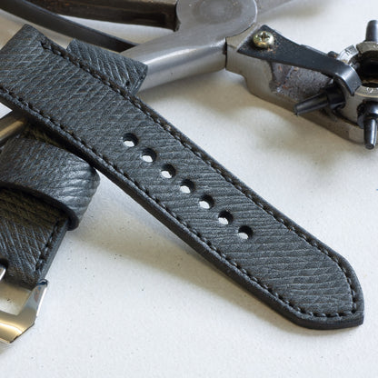 Vintage Black leather watch strap with black stitching and polished steel buckle
