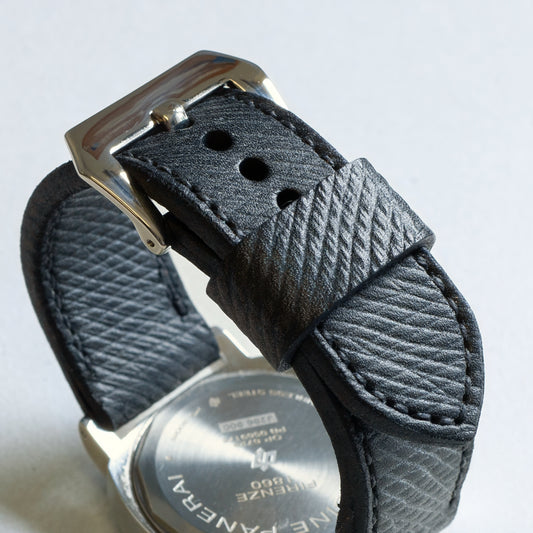 Vintage Black leather watch strap with black stitching and polished steel buckle